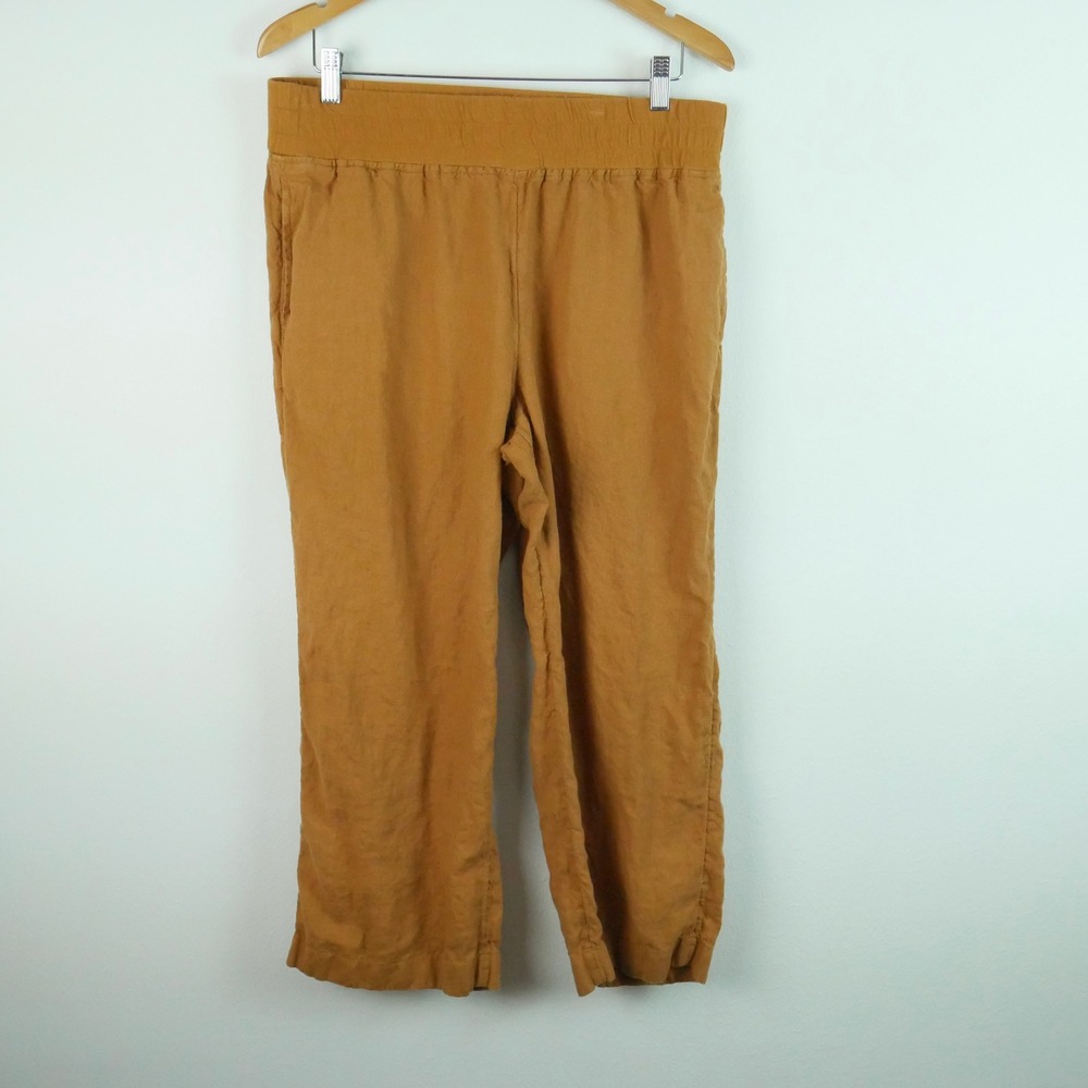 Soft Surroundings Mustard Yellow 100% Linen Wide Leg Crop Pants Pull On Large